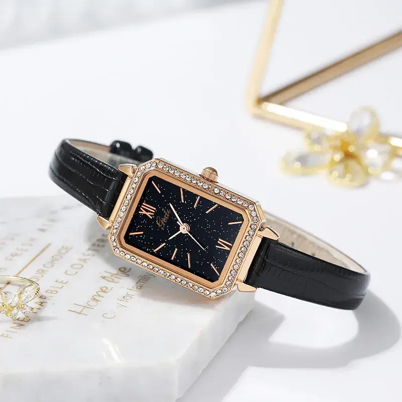 Gold Square Plate Quartz Watch for Women with Diamond Bezel - Image 2