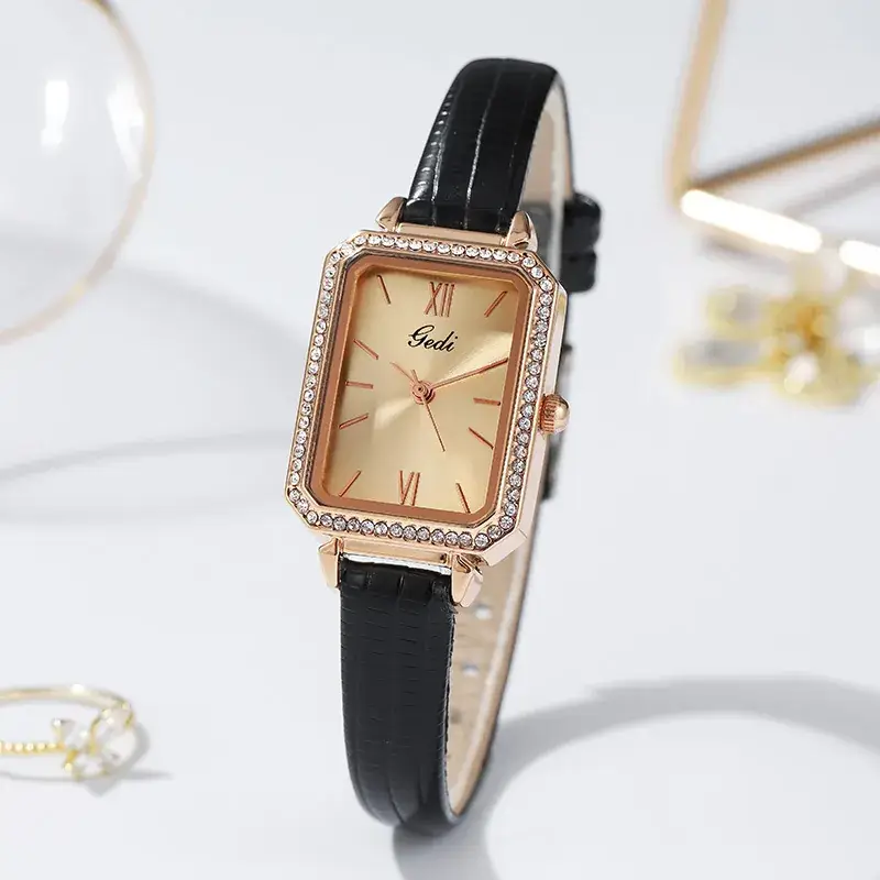 Gold Square Plate Quartz Watch for Women with Diamond Bezel - Image 3