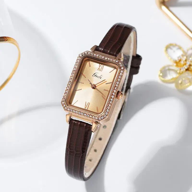 Gold Square Plate Quartz Watch for Women with Diamond Bezel - Image 4