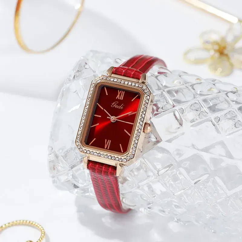 Gold Square Plate Quartz Watch for Women with Diamond Bezel - Image 5
