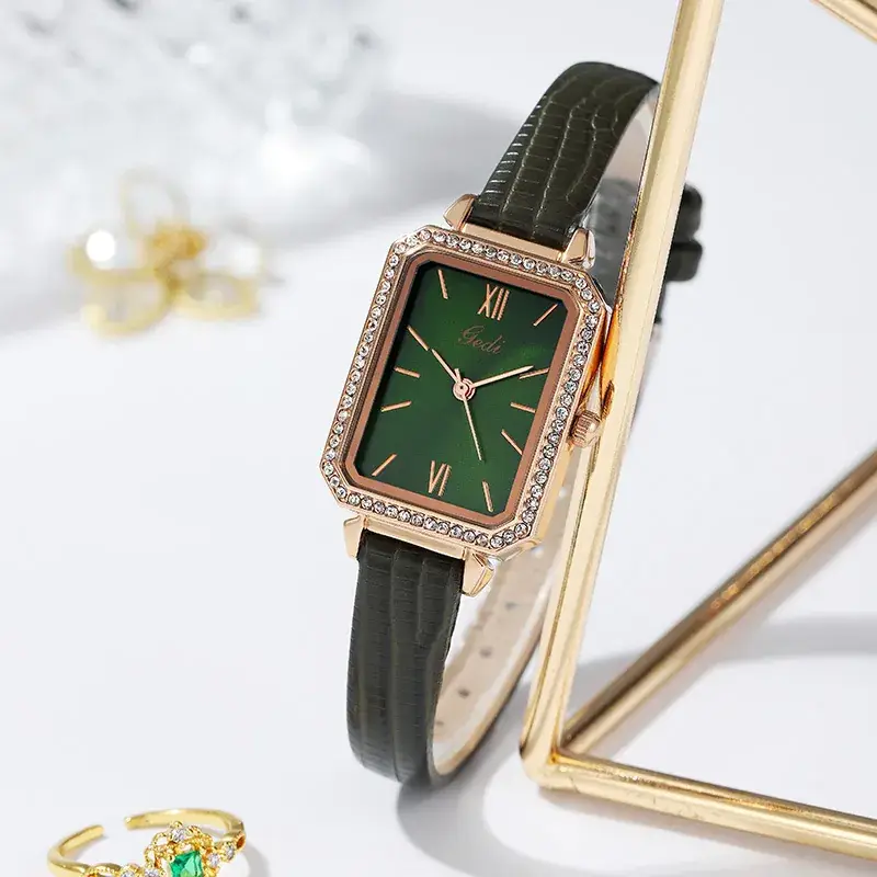 Gold Square Plate Quartz Watch for Women with Diamond Bezel - Image 6