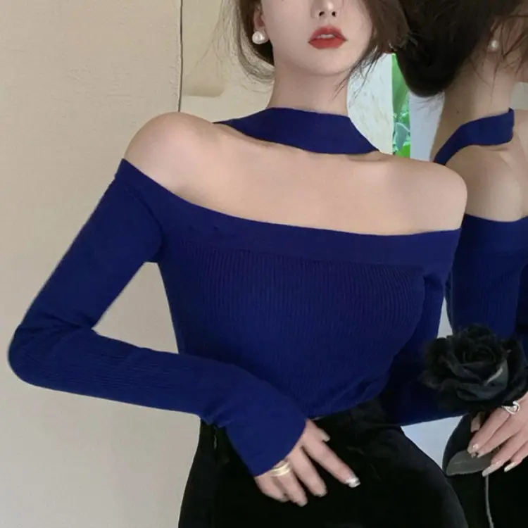 Women Knit Off-Shoulder Collar Top Maroon Spring Autumn 2025 - Image 8