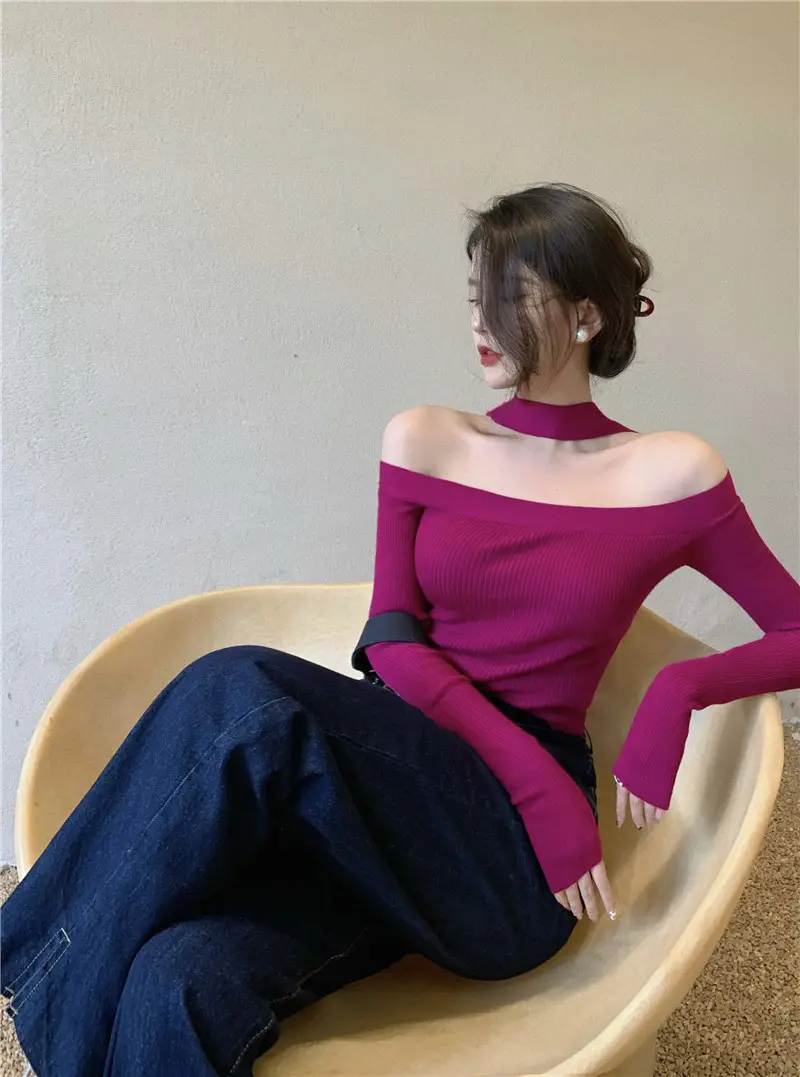 Women Knit Off-Shoulder Collar Top Maroon Spring Autumn 2025 — feature 1