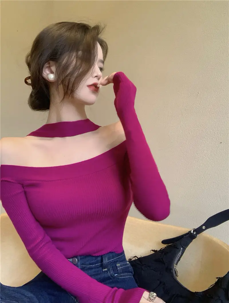 Women Knit Off-Shoulder Collar Top Maroon Spring Autumn 2025 — feature 2