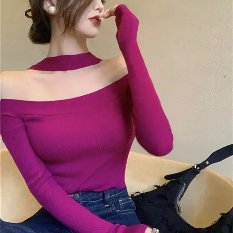 Women Knit Off-Shoulder Collar Top Maroon Spring Autumn 2025 - Image 2