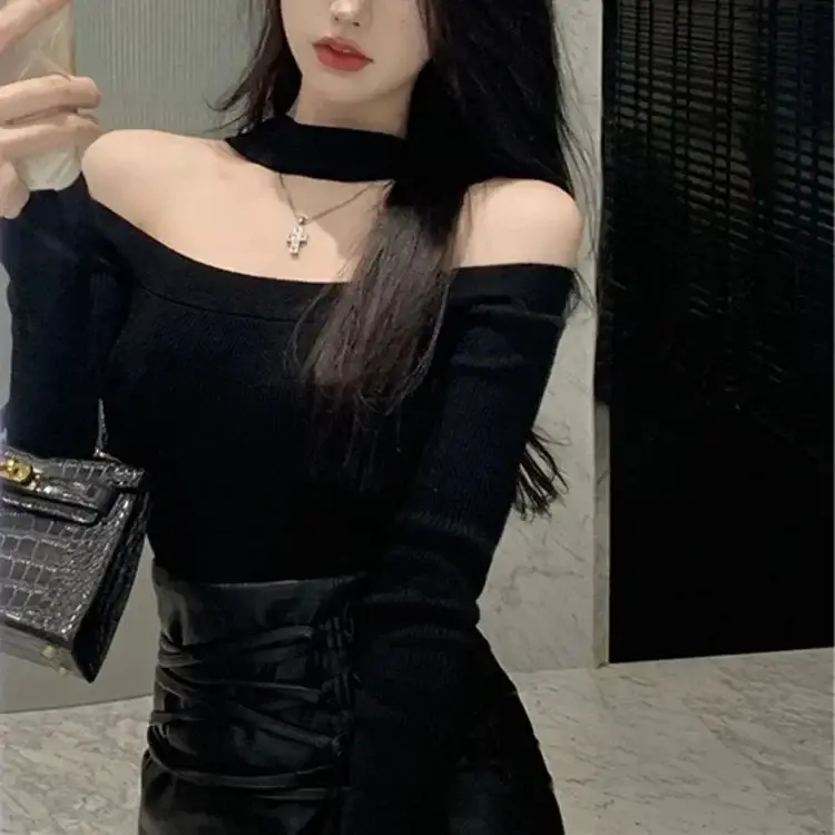Women Knit Off-Shoulder Collar Top Maroon Spring Autumn 2025 - Image 4
