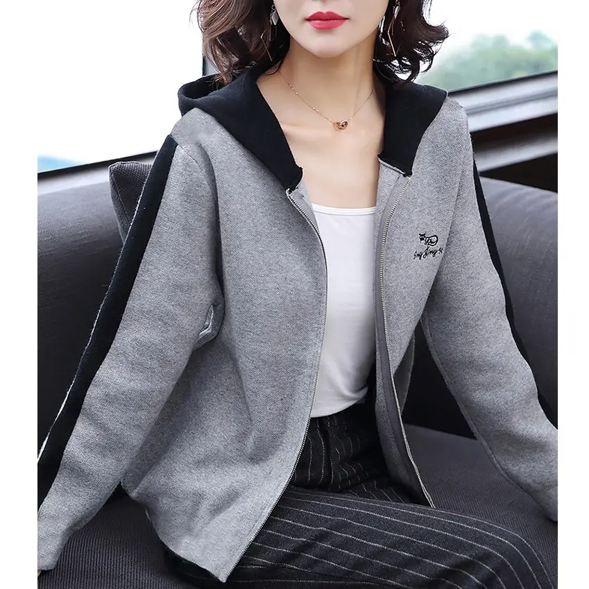 Women's Grey Hooded Fleece Jacket Autumn Winter - Image 5