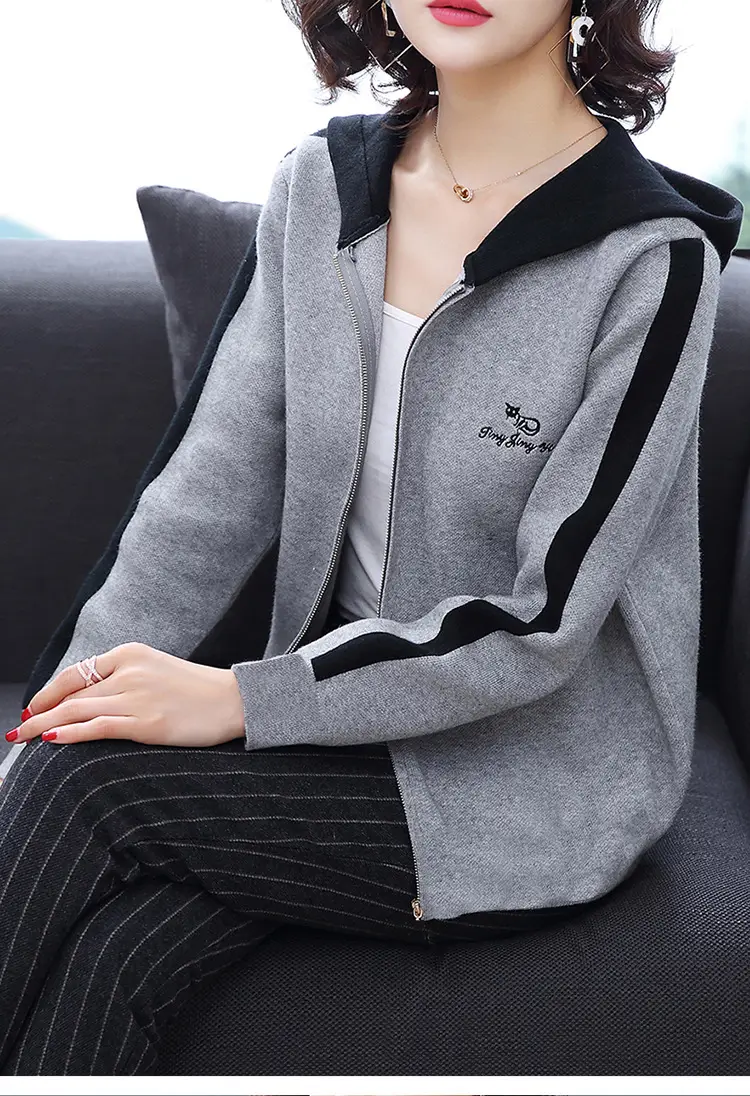 Women's Grey Hooded Fleece Jacket Autumn Winter — feature 12