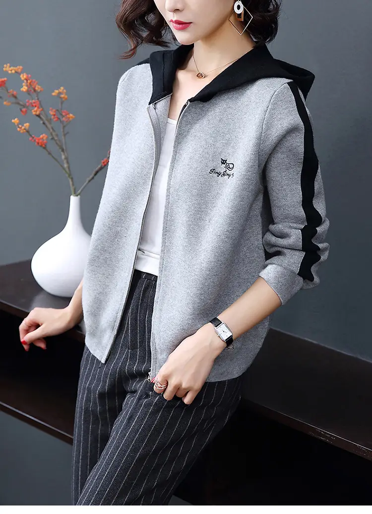 Women's Grey Hooded Fleece Jacket Autumn Winter — feature 13