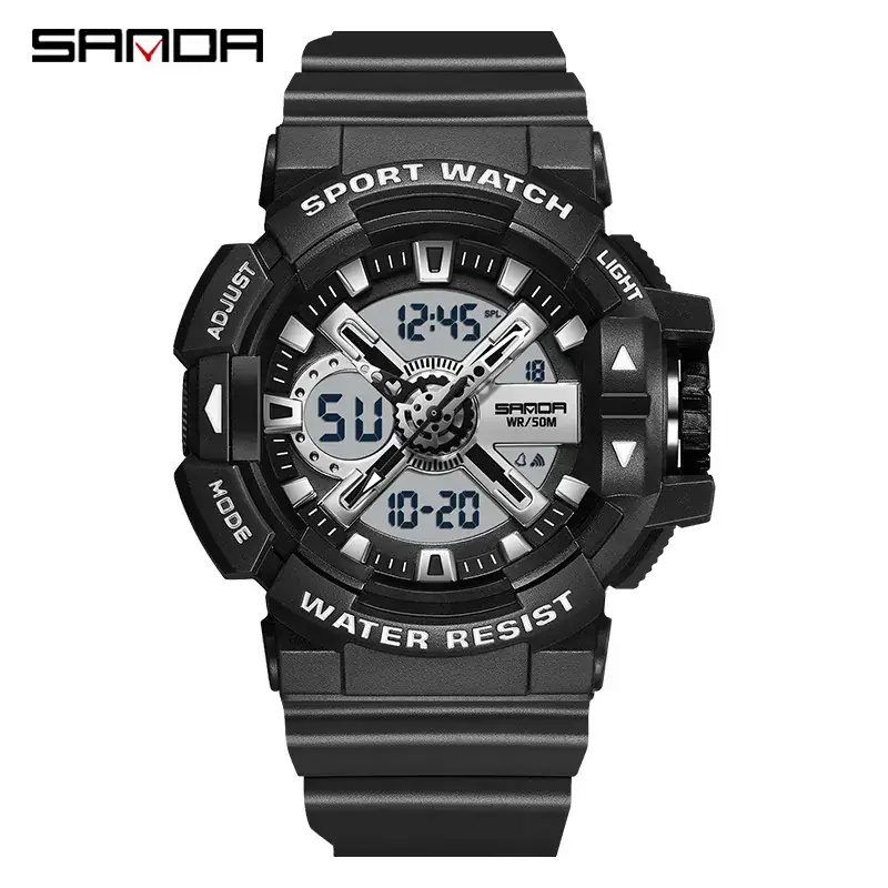 Sanda Men's Waterproof Sports Watch White Black Digital Display