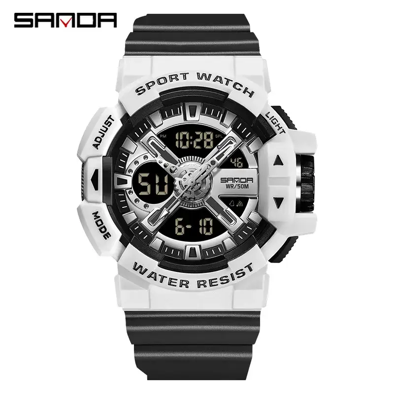 Sanda Men's Waterproof Sports Watch White Black Digital Display