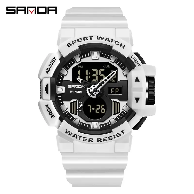 Sanda Men's Waterproof Sports Watch White Black Digital Display