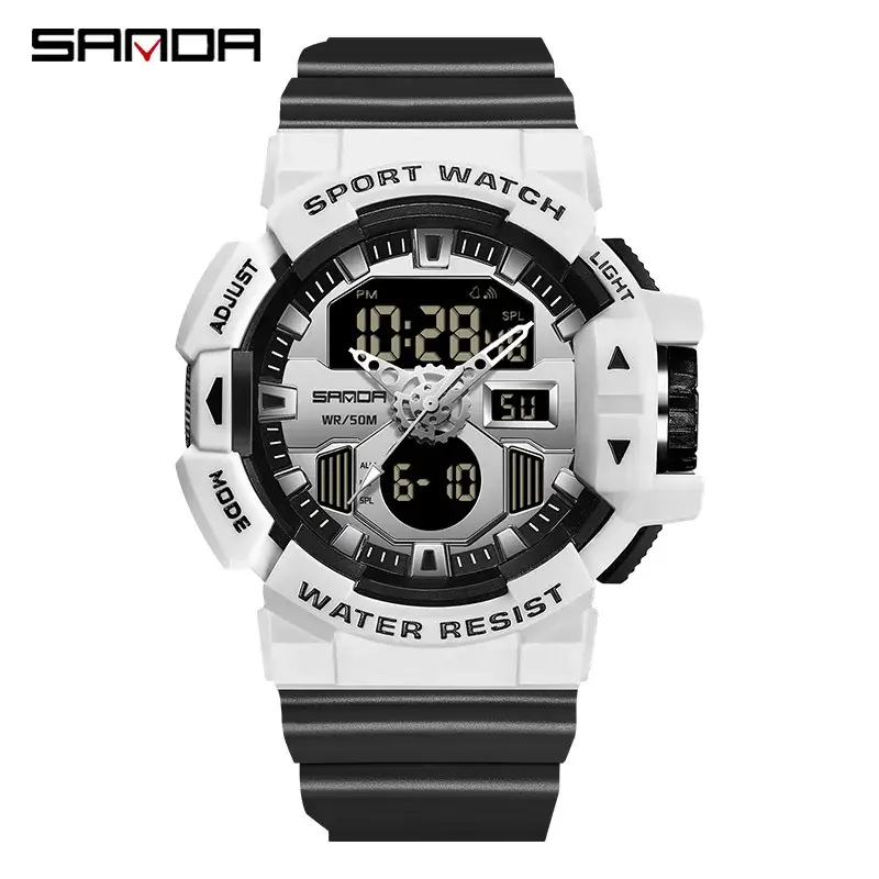 Sanda Men's Waterproof Sports Watch White Black Digital Display