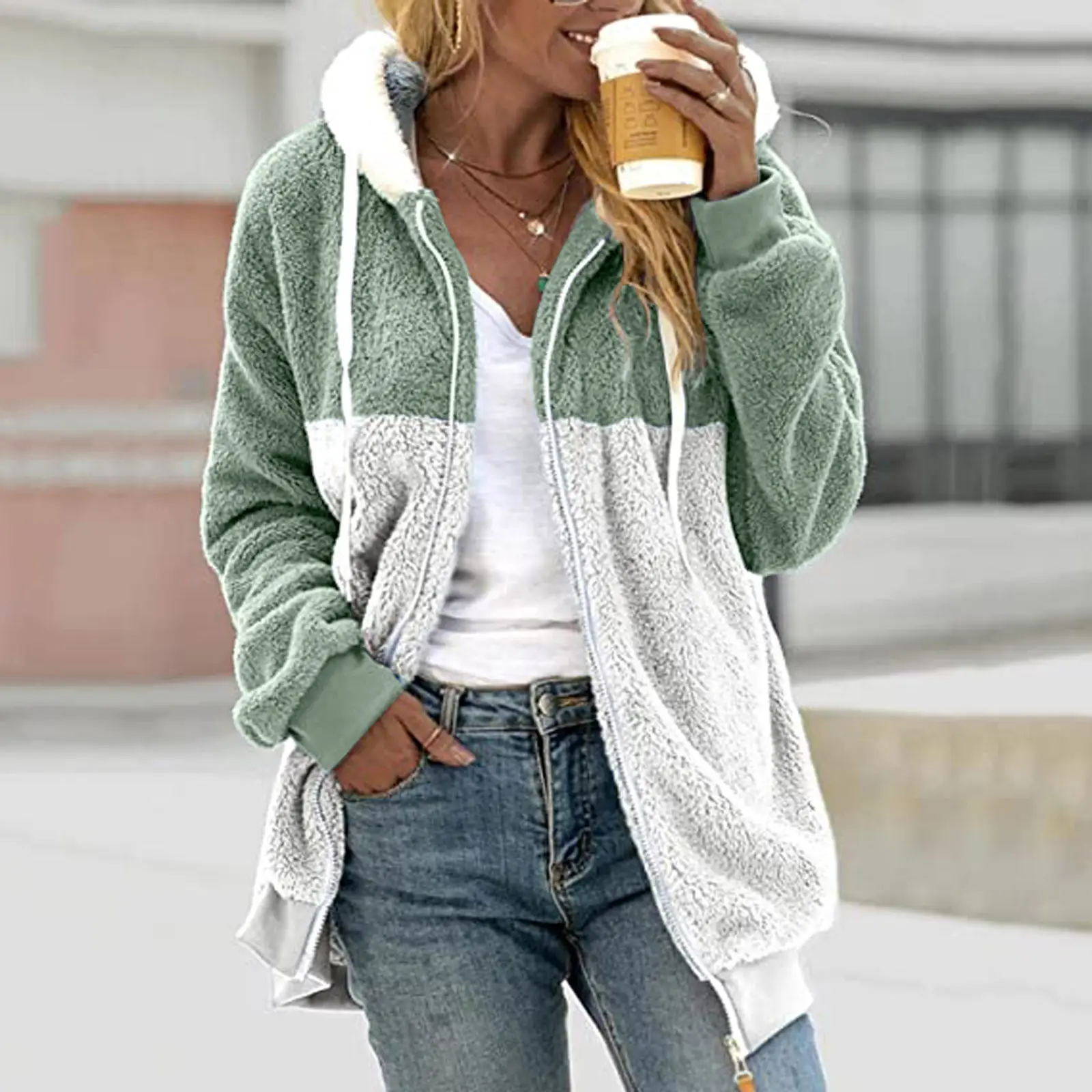 Women Plush Zipper Hoodie Lavender White 2026 - Image 4
