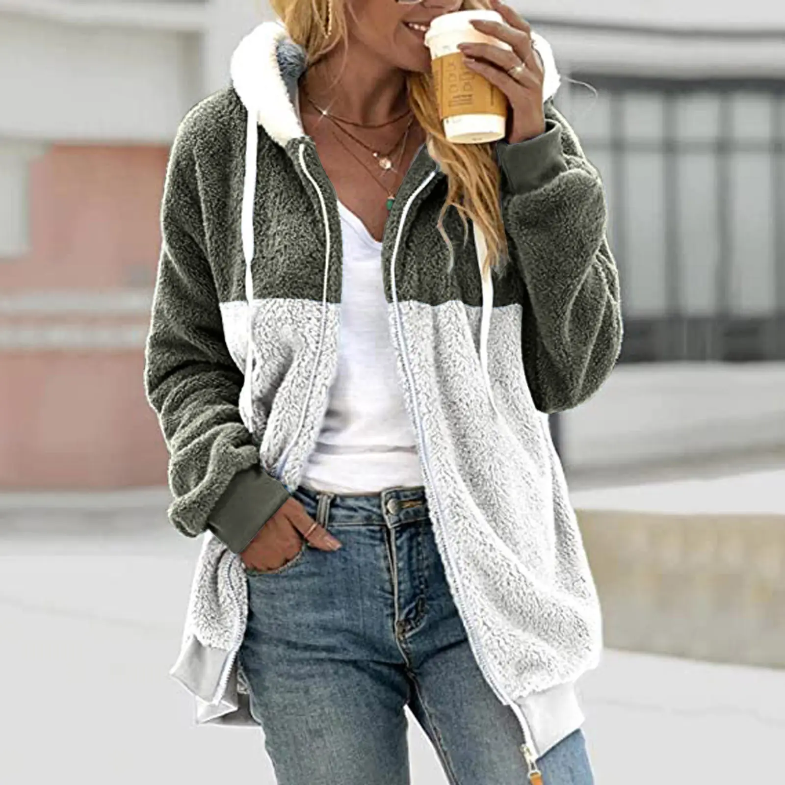 Women Plush Zipper Hoodie Lavender White 2026 - Image 5
