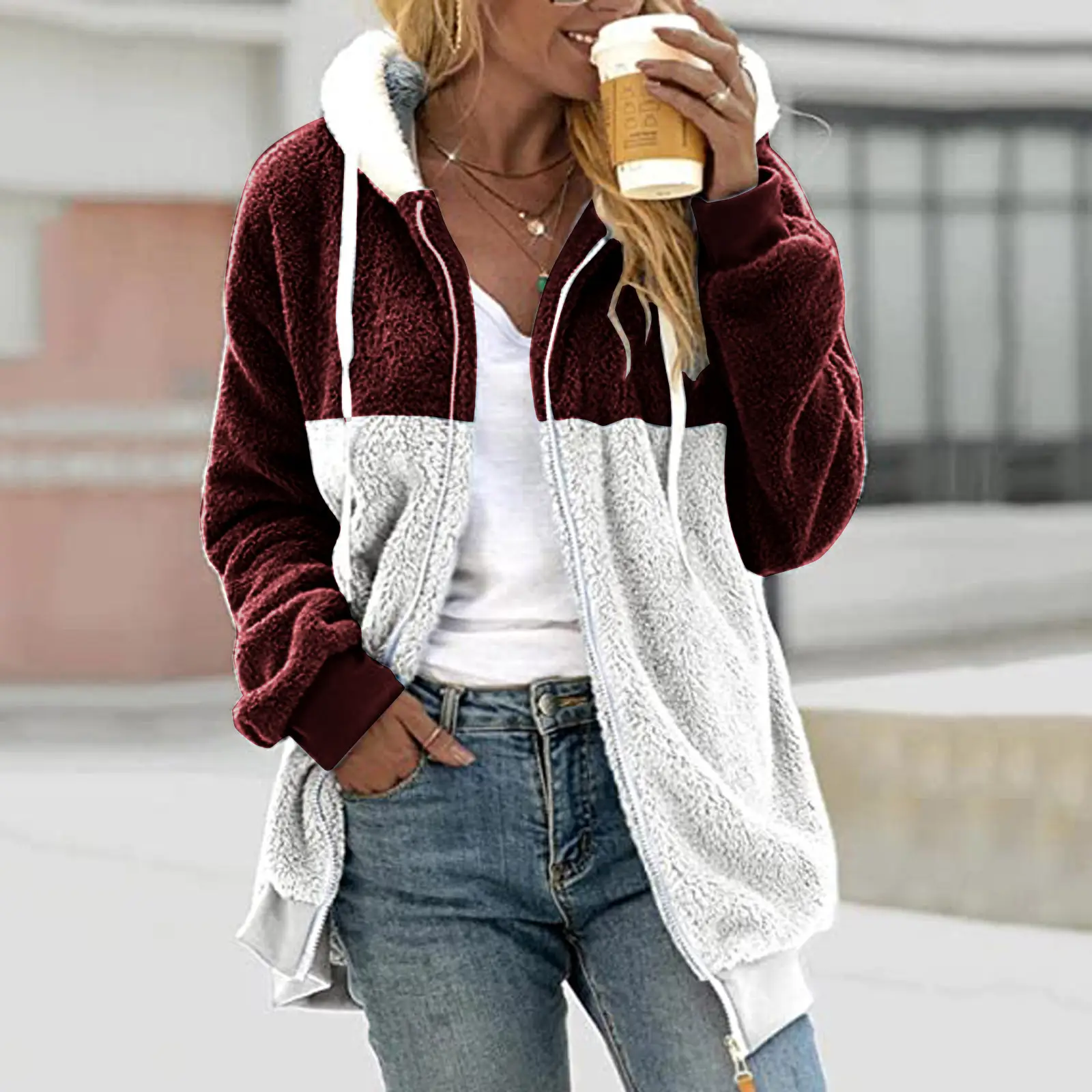 Women Plush Zipper Hoodie Lavender White 2026 - Image 7