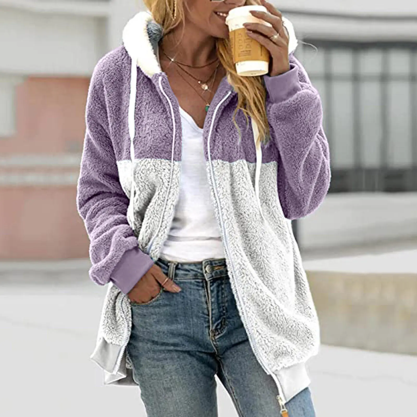 Women Plush Zipper Hoodie Lavender White 2026 - Image 8
