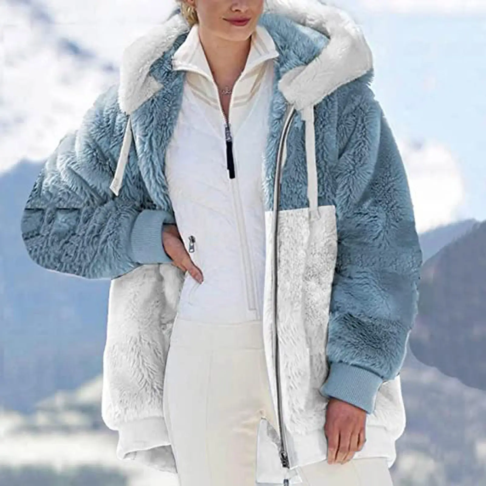 Women Plush Zipper Hoodie Lavender White 2026 - Image 3