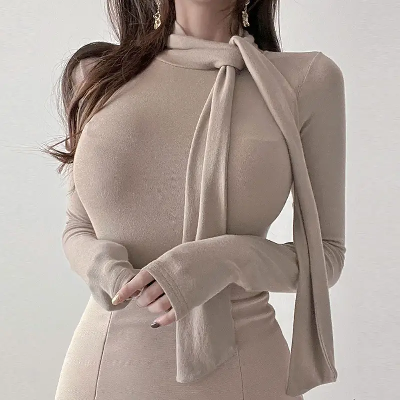 Women's Beige Ribbon Half High Collar Long Sleeve Shirt - Image 6