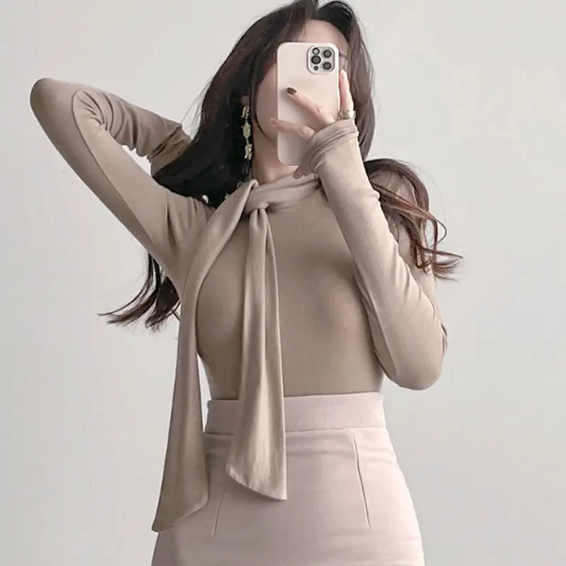 Women's Beige Ribbon Half High Collar Long Sleeve Shirt - Image 7