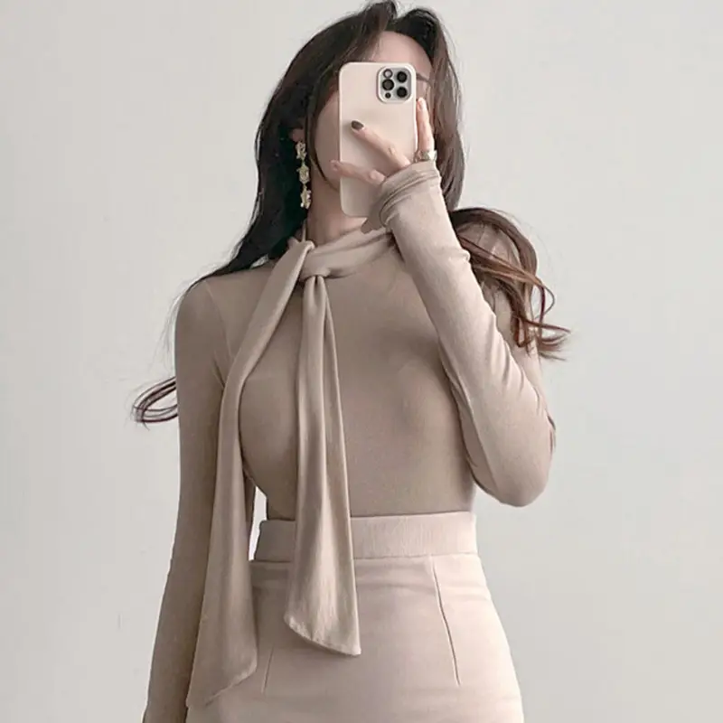 Women's Beige Ribbon Half High Collar Long Sleeve Shirt - Image 9