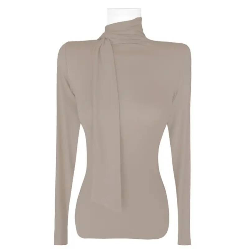 Women's Beige Ribbon Half High Collar Long Sleeve Shirt - Image 10