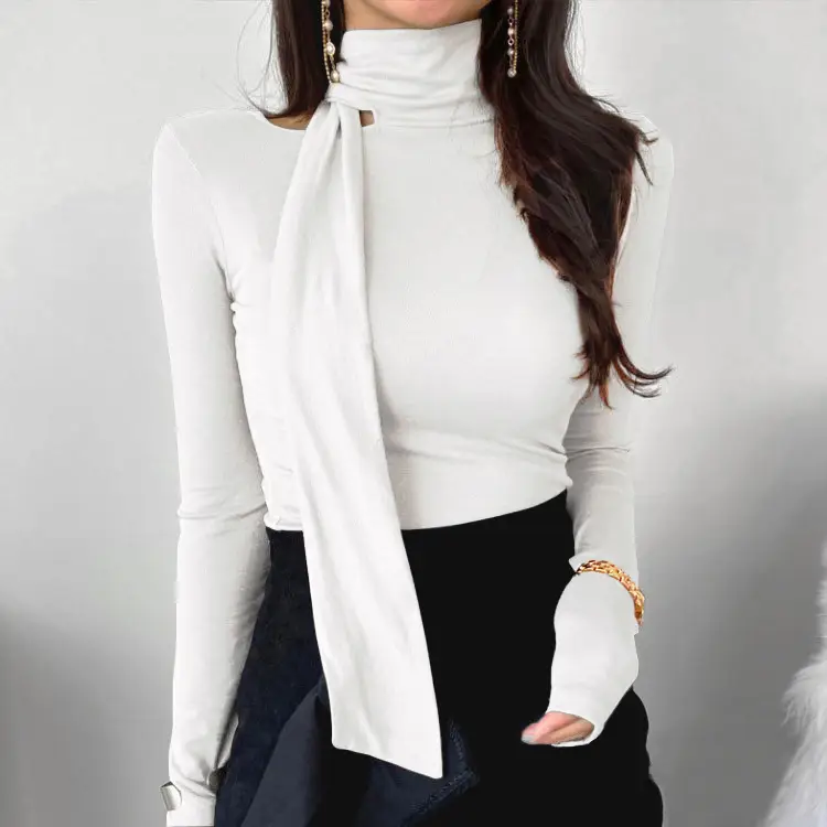 Women's Beige Ribbon Half High Collar Long Sleeve Shirt - Image 3