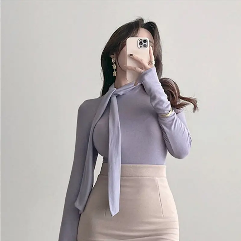 Women's Beige Ribbon Half High Collar Long Sleeve Shirt - Image 4