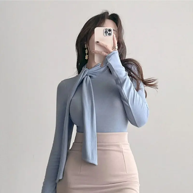 Women's Beige Ribbon Half High Collar Long Sleeve Shirt - Image 5