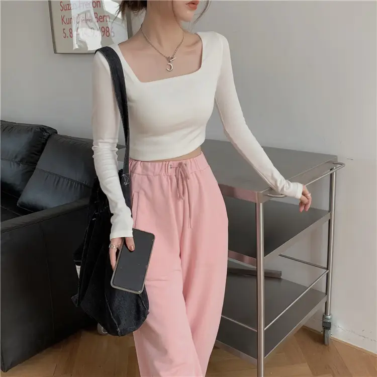 Women Square Neck Long Sleeve Top Pink Pants Set — feature 19