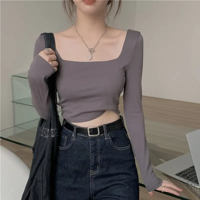 Women Square Neck Long Sleeve Top Pink Pants Set - Image 2