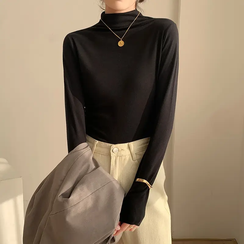 Double-Sided Velvet Collar Shirt Women Black Slim Fit