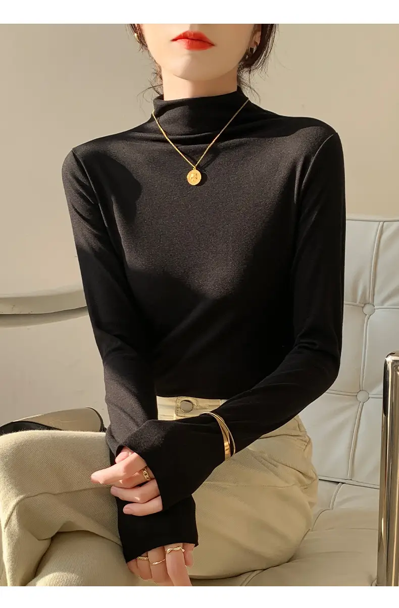 Double-Sided Velvet Collar Shirt Women Black Slim Fit — feature 32