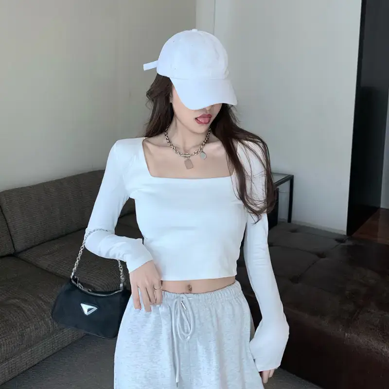 Women White Crop Top with High Waist & Collarbone — feature 11