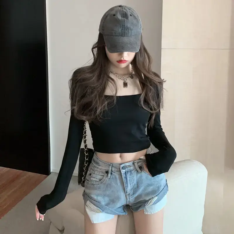 Women White Crop Top with High Waist & Collarbone — feature 21