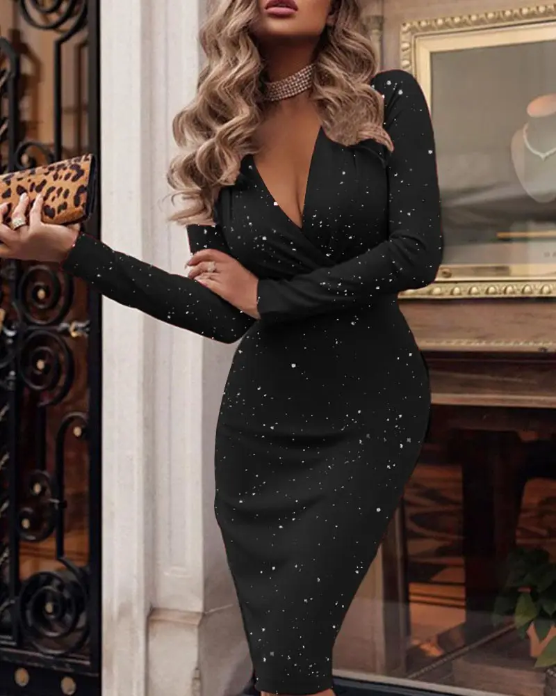 Blue Sparkly V-Neck Long Sleeve Tight Women's Dress - Image 2