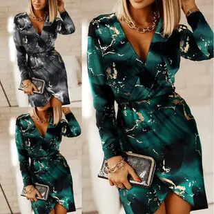 Blue Sparkly V-Neck Long Sleeve Tight Women's Dress — feature 13