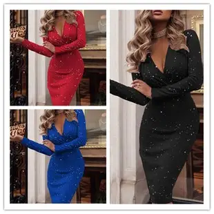 Blue Sparkly V-Neck Long Sleeve Tight Women's Dress — feature 19