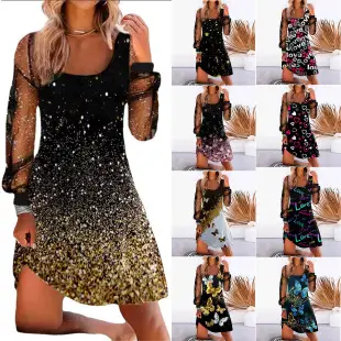 Blue Sparkly V-Neck Long Sleeve Tight Women's Dress — feature 23