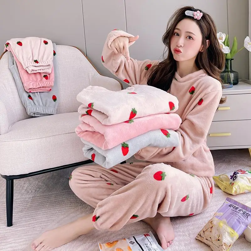 Women Fleece Lined Warm Pajamas Coral Strawberry Design - Image 14