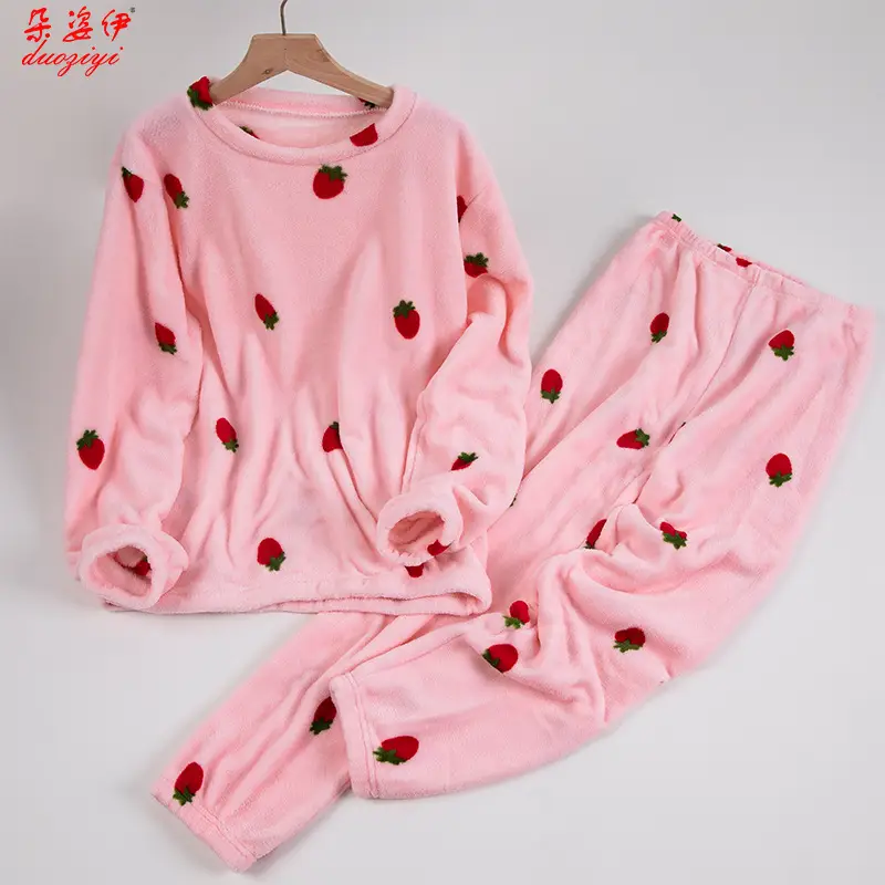 Women Fleece Lined Warm Pajamas Coral Strawberry Design - Image 2