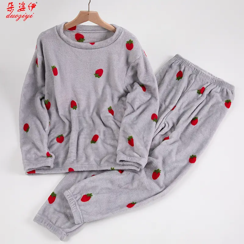 Women Fleece Lined Warm Pajamas Coral Strawberry Design - Image 3