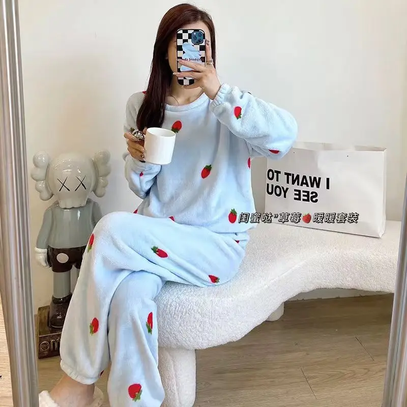 Women Fleece Lined Warm Pajamas Coral Strawberry Design - Image 4