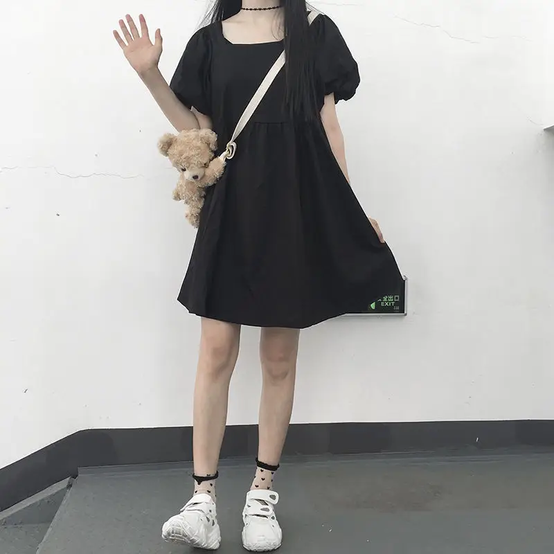 帮手SKU图-新款2020夏季韩版宽松短袖方领连衣裙女学生宽