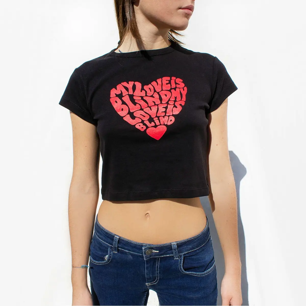 Women Crossbody Heart Print T-Shirt Black Cotton Short Sleeve - Image 6