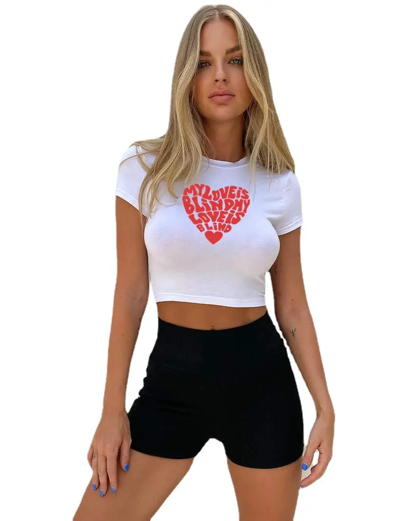 Women Crossbody Heart Print T-Shirt Black Cotton Short Sleeve - Image 7