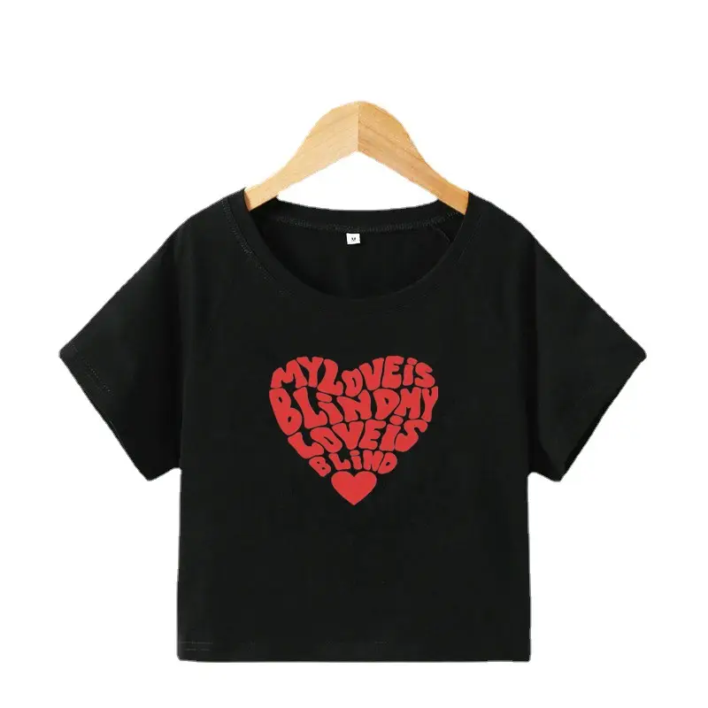 Women Crossbody Heart Print T-Shirt Black Cotton Short Sleeve - Image 8
