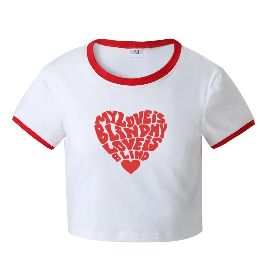 Women Crossbody Heart Print T-Shirt Black Cotton Short Sleeve - Image 3