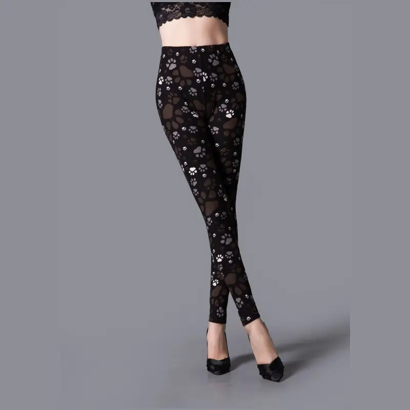 Women Printed Elastic Leggings with Paw Print Design - Image 2