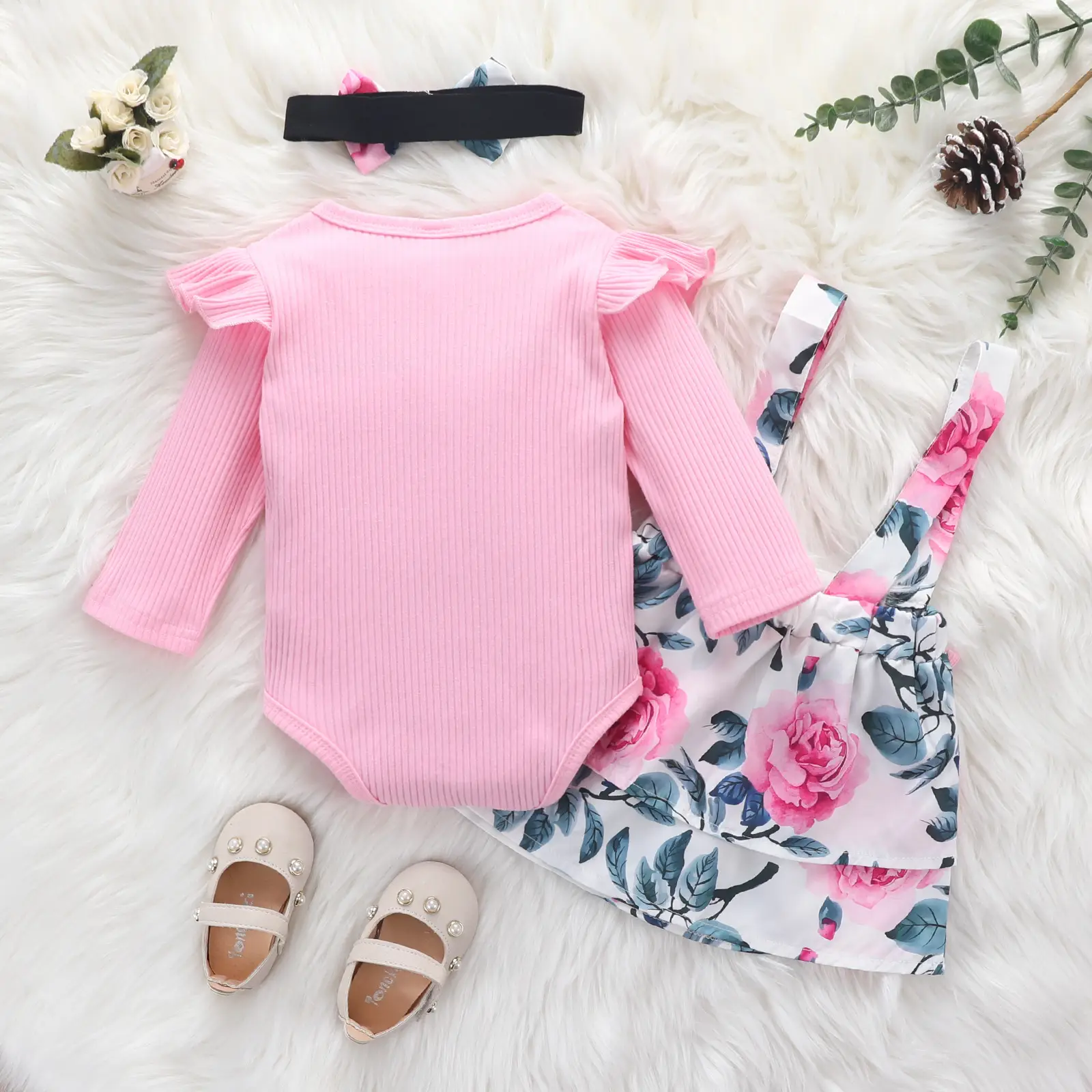Pink Floral Ruffled Dress Set for Baby Girls - Image 4